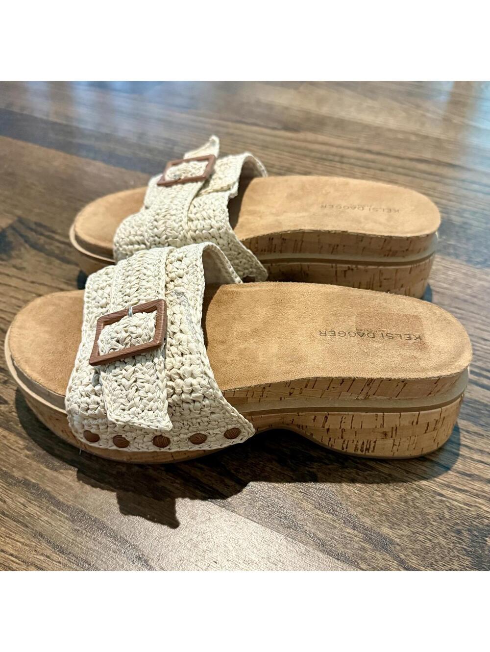 New KELSI DAGGER Paulie Cork/Raffia Buckle Flatform Sandals US Size 9